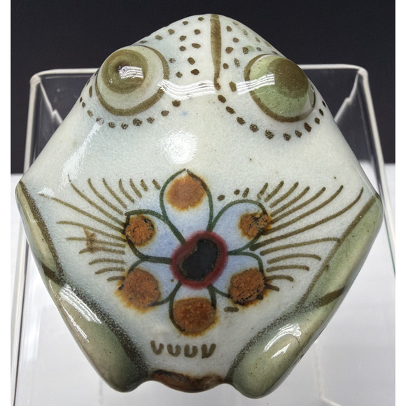 Vintage Mexican Folk Art Tonala Frog Toad Sitting Floral Painted Figurine - Picture 4 of 16